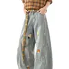 Jeans de pierna curva bordados con patchwork de terciopelo vegetal estilo americano, unisex, diseño de alta costura, pantalones anchos de nicho, pantalones largos de corte holgado