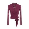 Camiseta Elegante y Madura con Cuello Cruzado en V y Mangas Largas para Mujer, Nuevo Modelo de Verano con Mangas Tres Cuartos, Cintura de Atar, Corte Ajustado, Top Corto