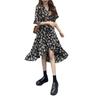 Vestido floral de fábrica de longitud media para mujer, nuevo verano 2024, cintura ajustada, diseño adelgazante, falda de manga corta irregular.