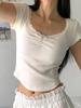 Camiseta corta de encaje de manga corta ajustada con cuello en U sexy y estilo transfronterizo americano de verano