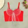 Corsé de Espina de Pescado con Camisola de Borla de Cadena Incrustada de Diamantes, Top de Malla de Color Sólido Delgado Estilo Hot Girl con Tirantes Desmontables