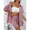 Em estoque 2025 Transfronteiriço AliExpress Moda Shorts Duas Camisas de Cor Sólida conjunto Feminino Casual Solto Manga Curta Fileira Única