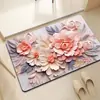 Tapete de Banheiro Floral 3D, Tapete Absorvente de Água de Terra de Diatomáceas Secagem Rápida, Tapete Resistente à Sujeira Antiderrapante para Entrada de Banheiro Doméstico