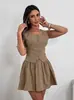 Conjunto de Chaleco de Algodón y Lino Estilo Francés y Falda Corta para Mujer, Moda Verano 2026 Falda de Línea A Color Caqui Conjunto Completo de Ropa para Mujer