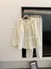 Pijama de gaze com bolhas e renda creme para outono, cardigã doce, calça comprida de manga longa, conjunto de roupa de casa estampada, novo produto transfronteiriço