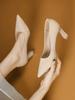 Zapatos de tacón alto de gamuza para mujer, tacón grueso, estilo francés, para adultos de 18 años, boca baja, punta puntiaguda, para viajeros, anfitriones, etiqueta, vestido, tacón pequeño, zapatos de una sola capa