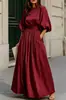 Amazon 2026 Otoño Nuevo Francés Elegante Temperamento Cintura ceñida Mangas abullonadas Bolsillos Color liso Vestido Mujer