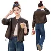 Elegante y moderna chaqueta de cuero de cuello redondo para mujer, nuevo producto 2026, primavera y otoño, corta, holgada, casual, versátil, estilo biker