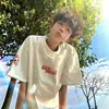 Camiseta de Manga Curta Bordada com Letras e Chama Estilo Americano High Street, Unissex com Caimento Solto, Peça de Algodão Puro Pesado para Casal, Tendência de Verão