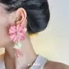 Brincos de Franja com Flor Rosa Estilo Resort à Beira-Mar para Mulheres, Design Exclusivo, Brincos Únicos de Alta Qualidade, Tarraxas, Acessórios