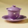 Mariposa y Morado Lila Flor de Pie Alto Boca de Flor Tazón Cubierto de Tres Talentos Taza de Té Individual Tazón de Té Cubierto de Alto Nivel Juego de Té Personal