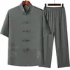 Roupa Tang Masculina de Manga Curta para Homens de Meia-Idade e Idosos, Algodão e Linho, Verão, Roupa de Duas Peças Fina para Avô, Roupa de Verão com Meia Manga para Pai