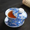 Color Esmalte Giratorio Flotante Cubierta de Tres Talentos Tazón Tapa Kung Fu Chino Hogar Preparación de Té Porcelana con Trazos Dorados Tazón de Té con Tapa