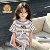 Camiseta Infantil 100% Algodão para Meninas, Verão Listrada Manga Curta 2026 Nova Tendência Desenho Animado Fofa Gola Redonda Estilosa Top Camiseta
