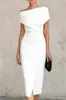 Vestido Bodycon Azul Marinho 2026, Ombro a Ombro, Cintura Torcida, Fenda, Elegante, Comprimento Médio para Trabalho e Banquetes