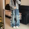 Calça jeans azul para mulheres, modelagem solta, perna larga, corte reto, lavada, design retro americano