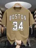 Boston 34 Estampa de Letras Artísticas Camiseta Vintage Masculina Casual Solta Moda Algodão Verão Unissex
