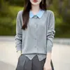 Cárdigan de Punto Color Block con Cuello Peter Pan para Mujer, Nuevo Otoño/Invierno 2026 Versátil Suéter Abrigo de Manga Larga de Lana Sintética