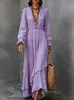 Vestido Longo Feminino Europeu e Americano Transfronteiriço Cor Sólida Decote V Boêmio Irregular Babado Chiffon Manga Longa