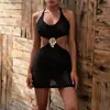 Estilo Resort de Comércio Exterior Europeu e Americano Alça Halter Decoração de Metal Recorte Malha Bodycon Justo ao Corpo Saia