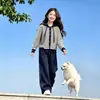 Conjunto Dulce Estilo Coreano Primavera y Otoño Nuevo Moda Perezosa Rayas Sudadera con Capucha Manga Larga Cardigan Pantalones Casuales Conjunto de Dos Piezas