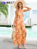 Vestido Largo Tie-Dye Sexy de Venta Caliente Transfronterizo Personalizado con Escote Halter, Espalda Descubierta con Cordones y Diseño de Abertura, Vestido Largo Romántico para Vacaciones
