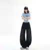 Jeans wide leg lavado e plissado estilo retrô americano cor laranja jovem para mulheres, corte solto, modelador, único, versátil e com bainha curva