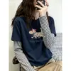 Camiseta de Manga Larga para Mujer Estilo Retro Americano Falso Dos Piezas Bloque de Color Algodón Puro Otoño Versátil Reductora de Edad Elegante Chic Moda Top