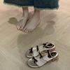 Tacón Grueso, Tacón Medio, Sandalias Romanas Doradas Brillantes para Mujer, Nuevo Estilo 2025, Punta Abierta con Lazo de Diamante, Hermosos Tacones Altos