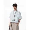 Camisa com Gola de Lapela e Decote V para Homens, Camiseta Fina de Verão, Falso Duas Peças Estilo Americano Patchwork de Manga Curta, Comprimento Médio, Estilo Casual