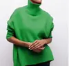 Suéter Pulôver de Gola Alta Cor Sólida Estilo Europeu e Americano para Mulheres, Outono e Inverno Estilo Preguiçoso Solto Emagrecedor Base de Tricô Cor Sólida