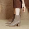 Botas de Salto Alto Botas Curtas de Bico Fino Femininas Botas Slim 2025 Novo Outono e Inverno Botas Marrons Salto Grosso Cano Médio Francês de Couro