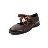 Versão em couro~Sapatos baixos femininos pequenos de couro com bico redondo e laço de fita, estilo universitário, outono de 2026, super estilosos e versáteis