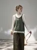 Camisola de punto de encaje estilo coreano para mujer, principios de otoño, cuello redondo, botones de madera, top corto sin mangas en capas