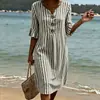 2026 Nuevo Vestido Largo Rayado de Cuello en V con Volantes y Botones Transfronterizo Moda Casual para el Trabajo Falda Larga Estilo Verano para Mujeres