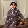 Conjunto de Pijama de Lã Coral Outono/Inverno para Crianças (Meninos e Meninas), Pijama de Zíper Meio e Gola Alta com Desenho, Conjunto de Duas Peças Espesso