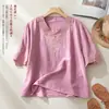 Camisa de Algodón y Lino Pesado Bordado Artístico Retro Nuevo Verano 2026 Cuello en V Holgada Adelgazante Versátil Top para Mujer