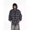 Nueva Camisa con Capucha a Cuadros Bloque de Color Retro Americano para Hombre Otoño/Invierno 2026, Camisa Casual Holgada de Moda para Hombre