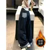 Chao Li tem estoque Jeans Feminino Outono/Inverno Com Pelúcia Alta Rua Retro Bloco de Cores Patchwork Xadrez Solto Fluido Perna Larga Calça Longa
