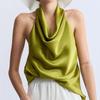 Em estoque: Moda Simples e Luxuosa_Importado do Japão, Cetim Brilhante Dupla Face de Triacetato, Decote Halter Relaxado Slim