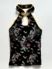 Top Qipao Brocado Estilo Chino Retro con Cuello Halter, Estampado de Dragón, Diseño Satinado Hueco, Top sin Mangas Sexy en Negro para Mujer