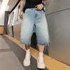 2026 Nuevos Shorts de Mezclilla Lavada Azul Vintage con Flecos, Corte Holgado, Adelgazantes, Casuales, Versátiles, Modernos, Shorts a la Rodilla