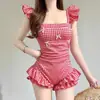 Traje de baño Dopamina para mujer, Estilo Ins Fresco, Traje de baño de una pieza a cuadros azul girly, Conservador, Cubre la piel, Aspecto adelgazante, Resort Baño termal
