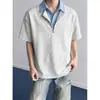 Camisa polo de hombre de ajuste limpio, estilo falso dos piezas, con media cremallera y manga corta, camiseta de manga corta estilo universidad americana de verano