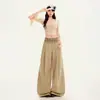 Pantalones casuales de cuadros plisados de pierna ancha de corte holgado para mujer, pantalones largos caqui, pantalones de paracaidista extendidos caqui, seda de hielo