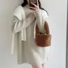 Suéter de punto de color liso con cuello medio, top holgado de canalé para mujer, manga larga, nuevo suéter básico de otoño e invierno