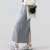 Falda casual gris con cordón para mujer, primavera y otoño, de cintura alta, corte recto, con caída, abertura trasera, falda larga de línea A, transfronteriza