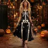 Vestido de suspensório com estampa de esqueleto para Halloween feminino, padrão vintage de morcego e lua, corte solto, vestido longo atmosférico para festa