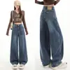 Jeans azul wide leg retrô americano para mulheres, novo estilo outono 2026, calça reta solta de cintura alta com pernas curvas A14028