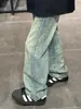 Jeans Rectos Retro Estilo Americano para Hombre Pantalones de Pierna Ancha con Colgante Marca de Moda Sueltos Pantalones de Calle Mop